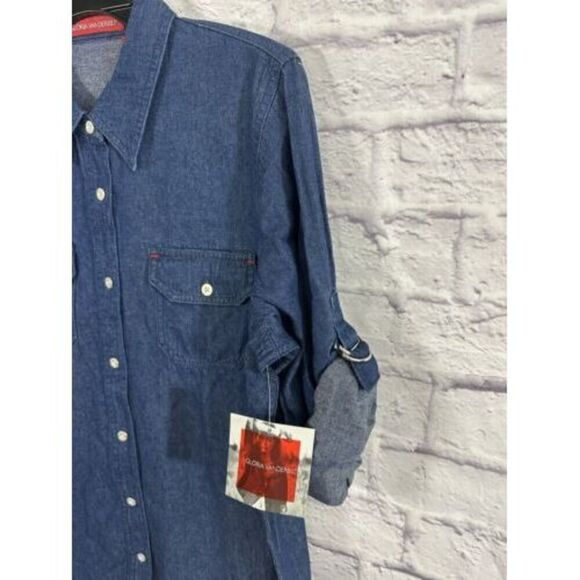 Gloria Vanderbilt Dark Blue Denim Button Front Blouse Size L&M Long Sleeve Shirt - Picture 2 of 16